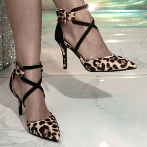 CHRISTIAN SIRIANO LEOPARD PRINT ADJUSTABLE ANKLE STRAP POINTED TOE SHOE